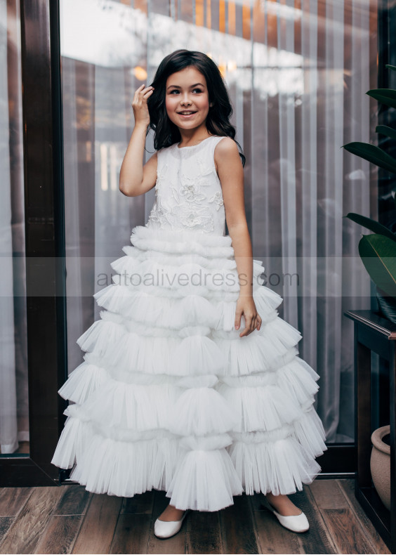 White Lace Tulle Ruffled Beaded Flower Girl Dress